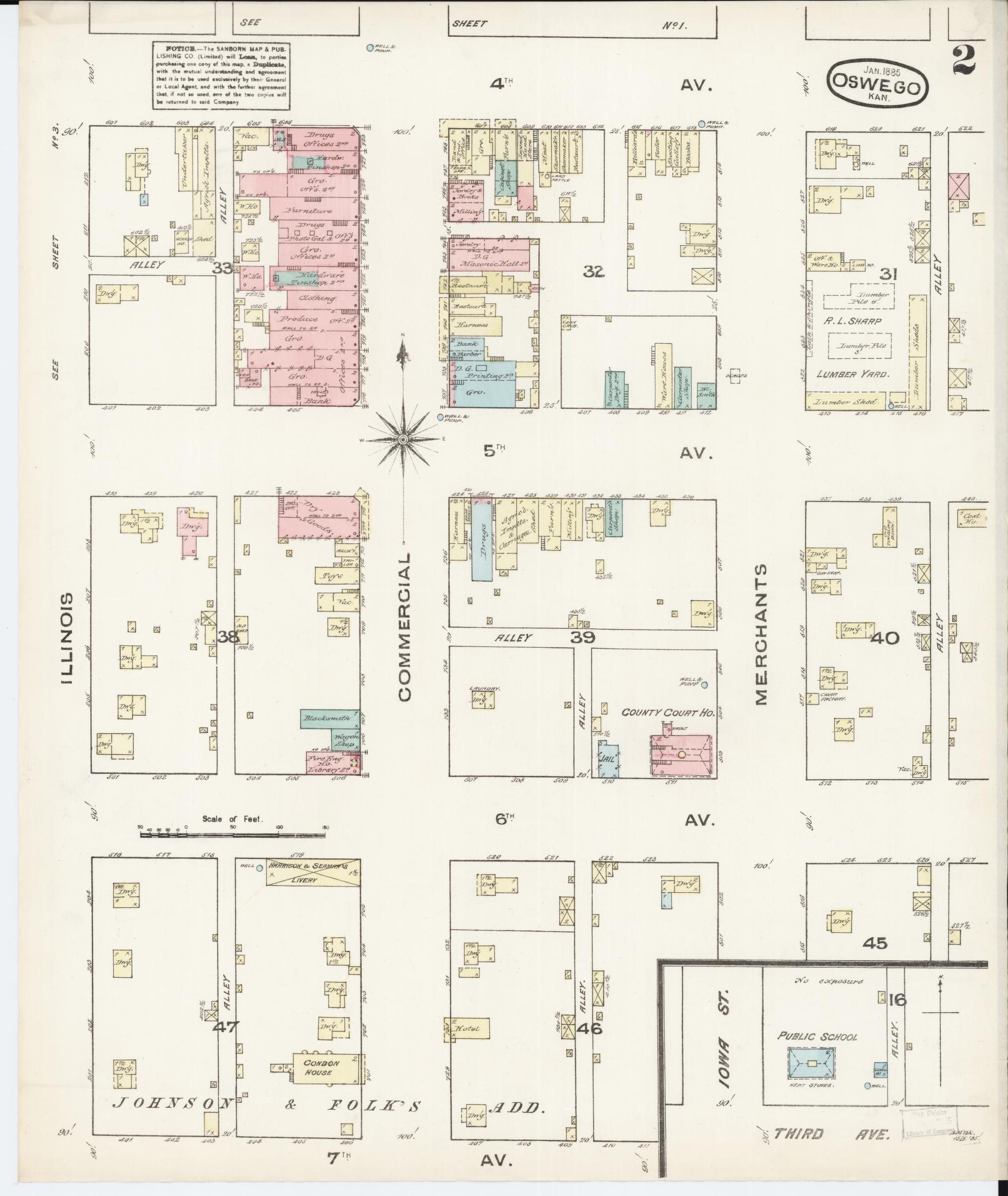 Sanborn Fire Insurance Map from Oswego, Labette County, Kansas (1885), Sheet #0002 - Complete Map Set gallery image, historic Sanborn map, vintage wall art, Kansas Kansas