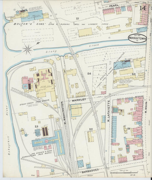 Sanborn Fire Insurance Map from Norristown, Montgomery County, Pennsylvania (1891), Sheet #0014 - Historic Sanborn Fire Insurance Map Print, vintage old map wall art, antique decor, genealogy gift, Pennsylvania Pennsylvania map