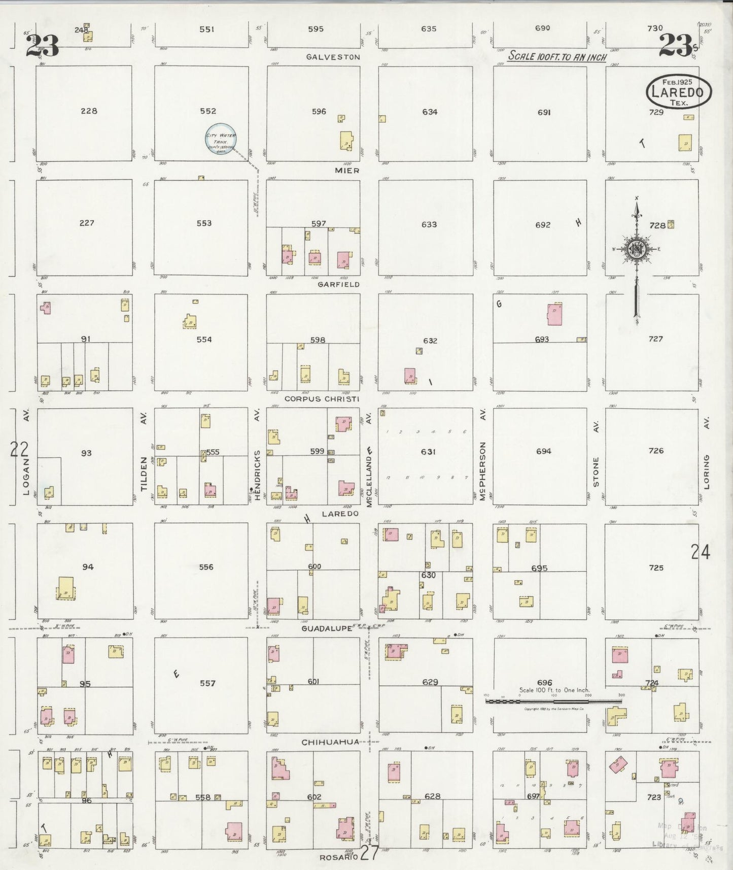 Sanborn Fire Insurance Map from Laredo, Webb County, Texas (1925), Sheet #0023 - Historic Sanborn Fire Insurance Map Print, vintage old map wall art, antique decor, genealogy gift, Texas Texas map