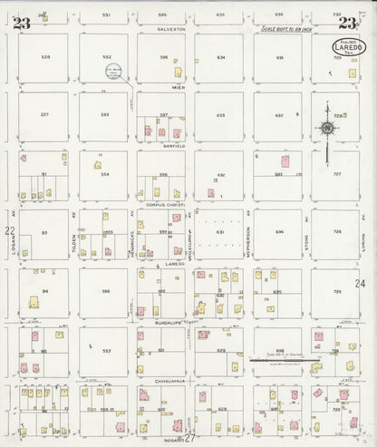 Sanborn Fire Insurance Map from Laredo, Webb County, Texas (1925), Sheet #0023 - Historic Sanborn Fire Insurance Map Print, vintage old map wall art, antique decor, genealogy gift, Texas Texas map