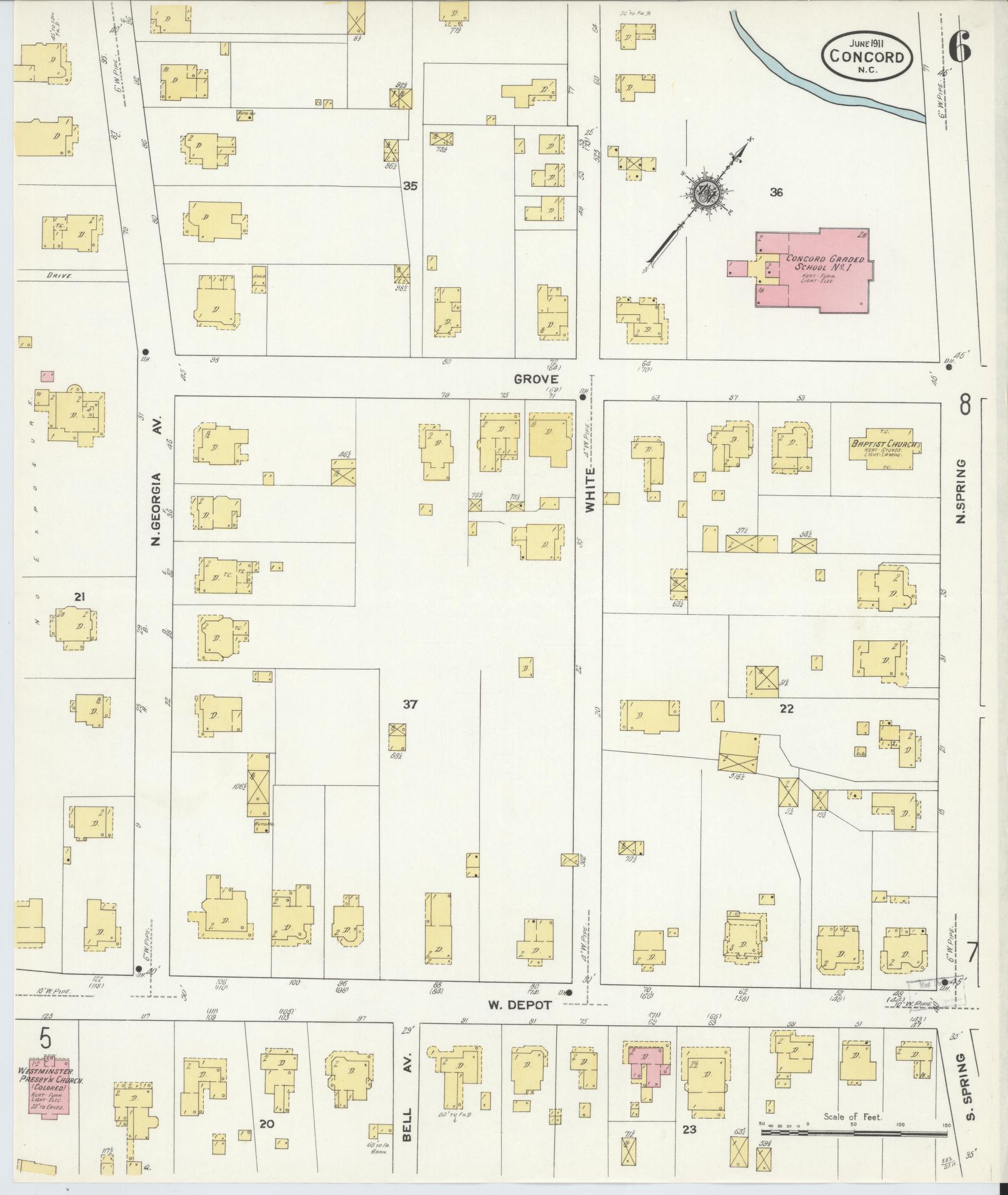 Sanborn Fire Insurance Map from Concord, Cabarrus County, North Carolina (1911), Sheet #0006 - Complete Map Set gallery image, historic Sanborn map, vintage wall art, North Carolina North Carolina