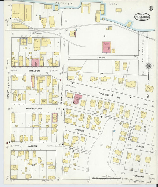 Sanborn Fire Insurance Map from Houghton, Houghton County, Michigan (1917), Sheet #0008 - Historic Sanborn Fire Insurance Map Print, vintage old map wall art, antique decor, genealogy gift, Michigan Michigan map
