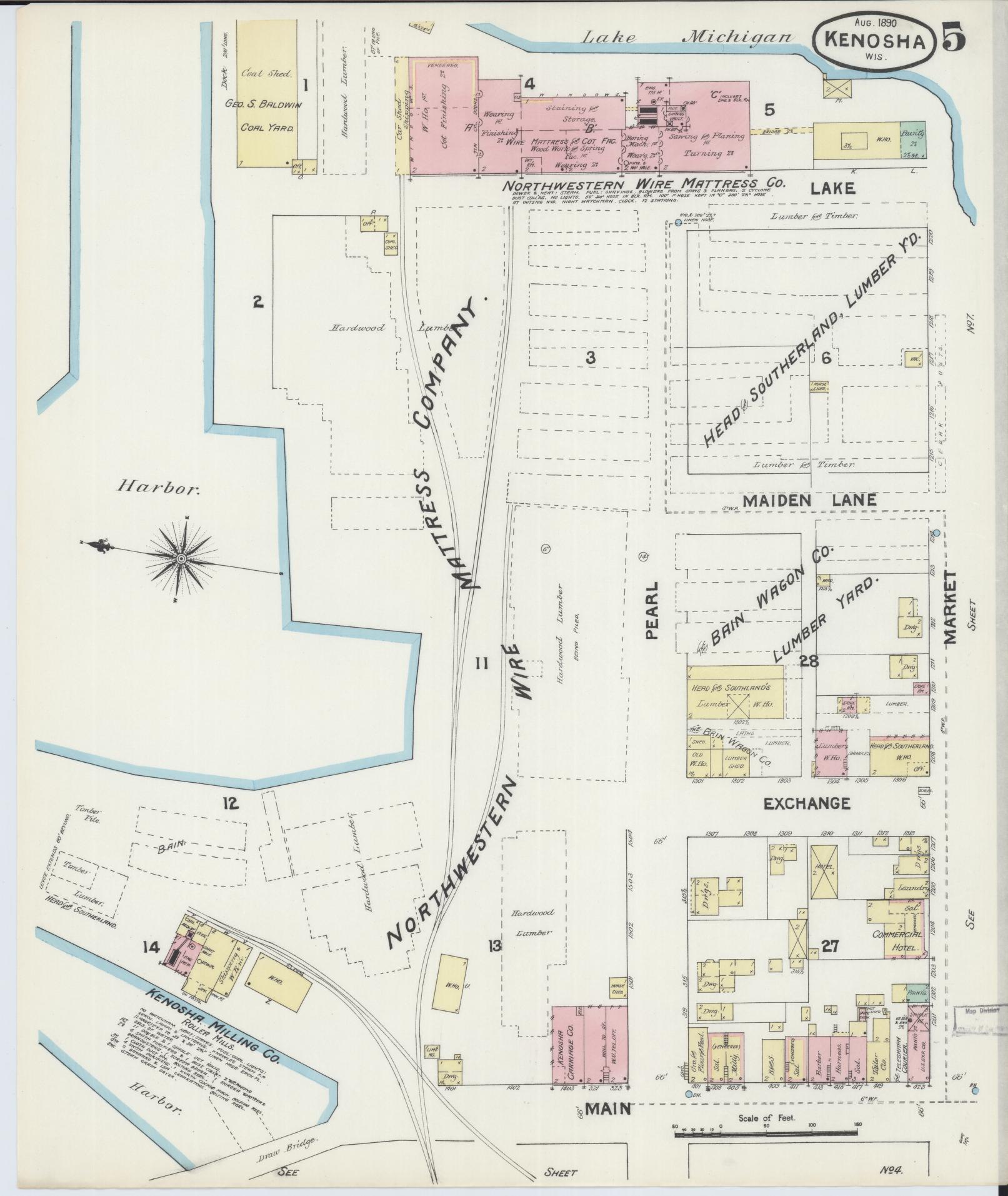 Sanborn Fire Insurance Map from Kenosha, Kenosha County, Wisconsin (1890), Sheet #0005 - Complete Map Set gallery image, historic Sanborn map, vintage wall art, Wisconsin Wisconsin