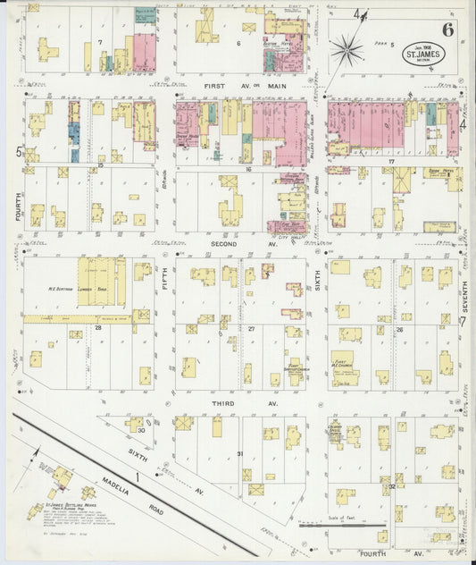 Sanborn Fire Insurance Map from Saint James, Watonwan County, Minnesota (1908), Sheet #0006 - Historic Sanborn Fire Insurance Map Print, vintage old map wall art, antique decor, genealogy gift, Minnesota Minnesota map