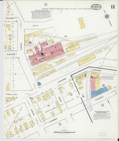 Sanborn Fire Insurance Map from Adrian, Lenawee County, Michigan (1916), Sheet #0011 - Historic Sanborn Fire Insurance Map Print, vintage old map wall art, antique decor, genealogy gift, Michigan Michigan map