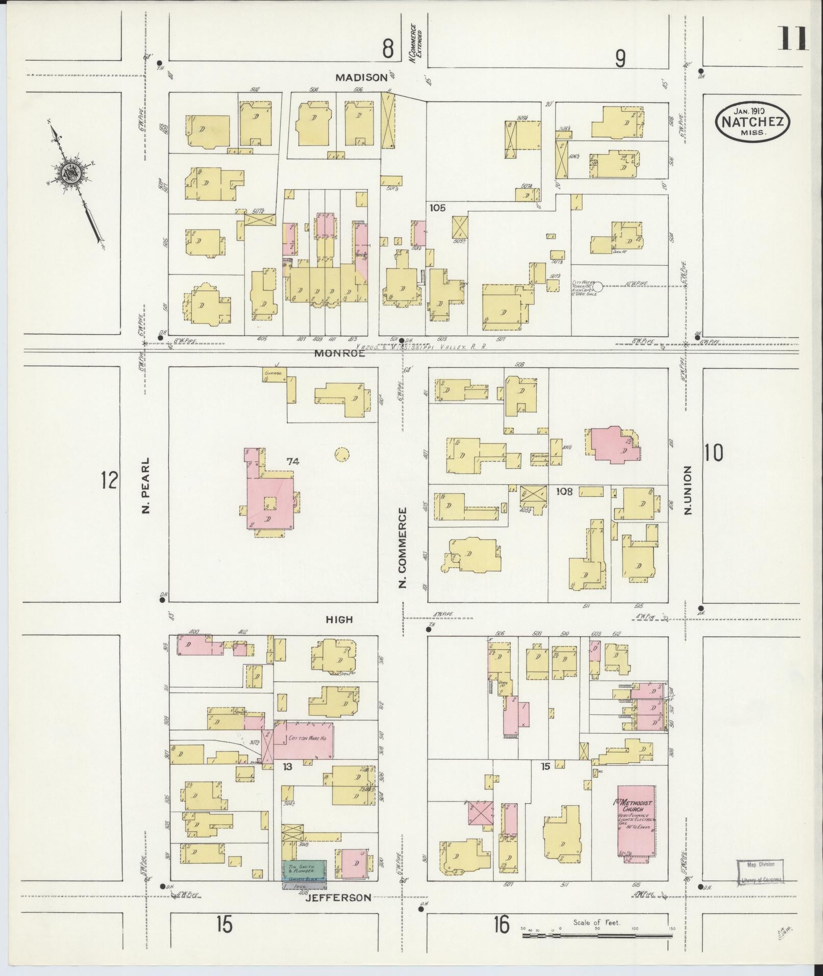 Sanborn Fire Insurance Map from Natchez, Adams County, Mississippi (1910), Sheet #0011 - Complete Map Set gallery image, historic Sanborn map, vintage wall art, Mississippi Mississippi