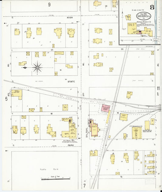 Sanborn Fire Insurance Map from Grinnell, Poweshiek County, Iowa (1906), Sheet #0008 - Historic Sanborn Fire Insurance Map Print, vintage old map wall art