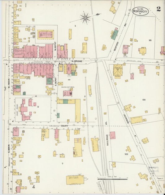 Sanborn Fire Insurance Map from Bedford, Independent Cities, Virginia (1902), Sheet #0002 - Historic Sanborn Fire Insurance Map Print, vintage old map wall art, antique decor, genealogy gift, Virginia Virginia map