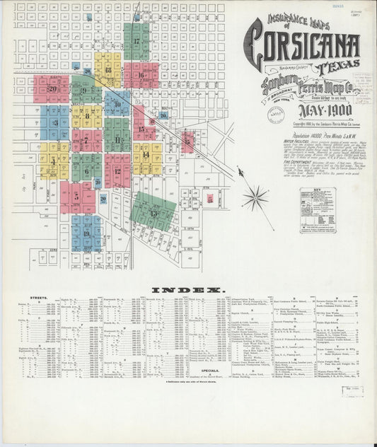 Sanborn Fire Insurance Map from Corsicana, Navarro County, Texas (1900), Sheet #0001 - Historic Sanborn Fire Insurance Map Print, vintage old map wall art, antique decor, genealogy gift, Texas Texas map