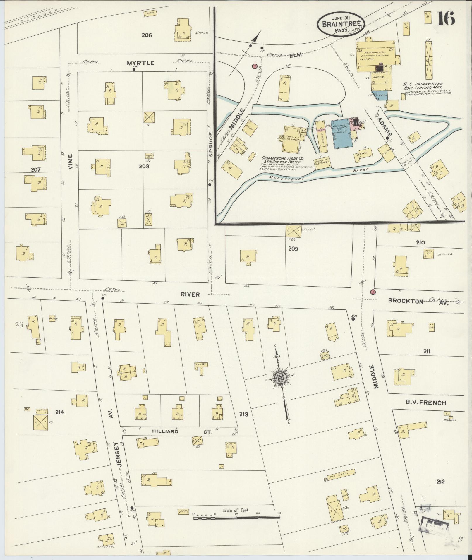 Sanborn Fire Insurance Map from Braintree, Norfolk County, Massachusetts (1911), Sheet #0016 - Historic Sanborn Fire Insurance Map Print, vintage old map wall art, antique decor, genealogy gift, Massachusetts Massachusetts map