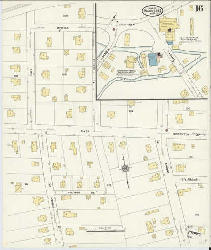 Sanborn Fire Insurance Map from Braintree, Norfolk County, Massachusetts (1911), Sheet #0016 - Historic Sanborn Fire Insurance Map Print, vintage old map wall art, antique decor, genealogy gift, Massachusetts Massachusetts map