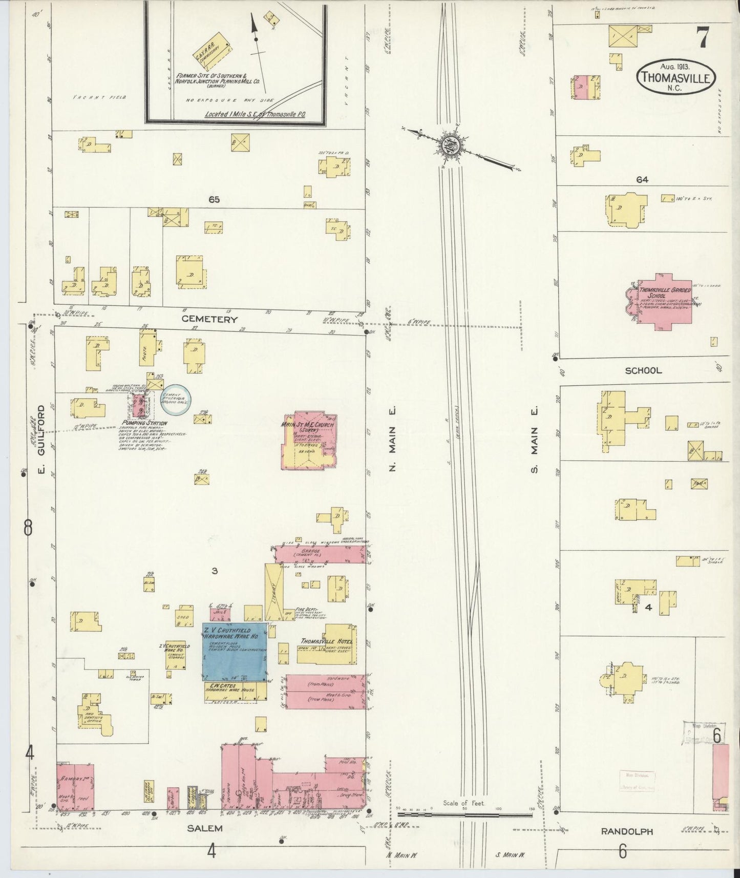Sanborn Fire Insurance Map from Thomasville, Davidson County, North Carolina (1913), Sheet #0007 - Complete Map Set gallery image, historic Sanborn map, vintage wall art, North Carolina North Carolina