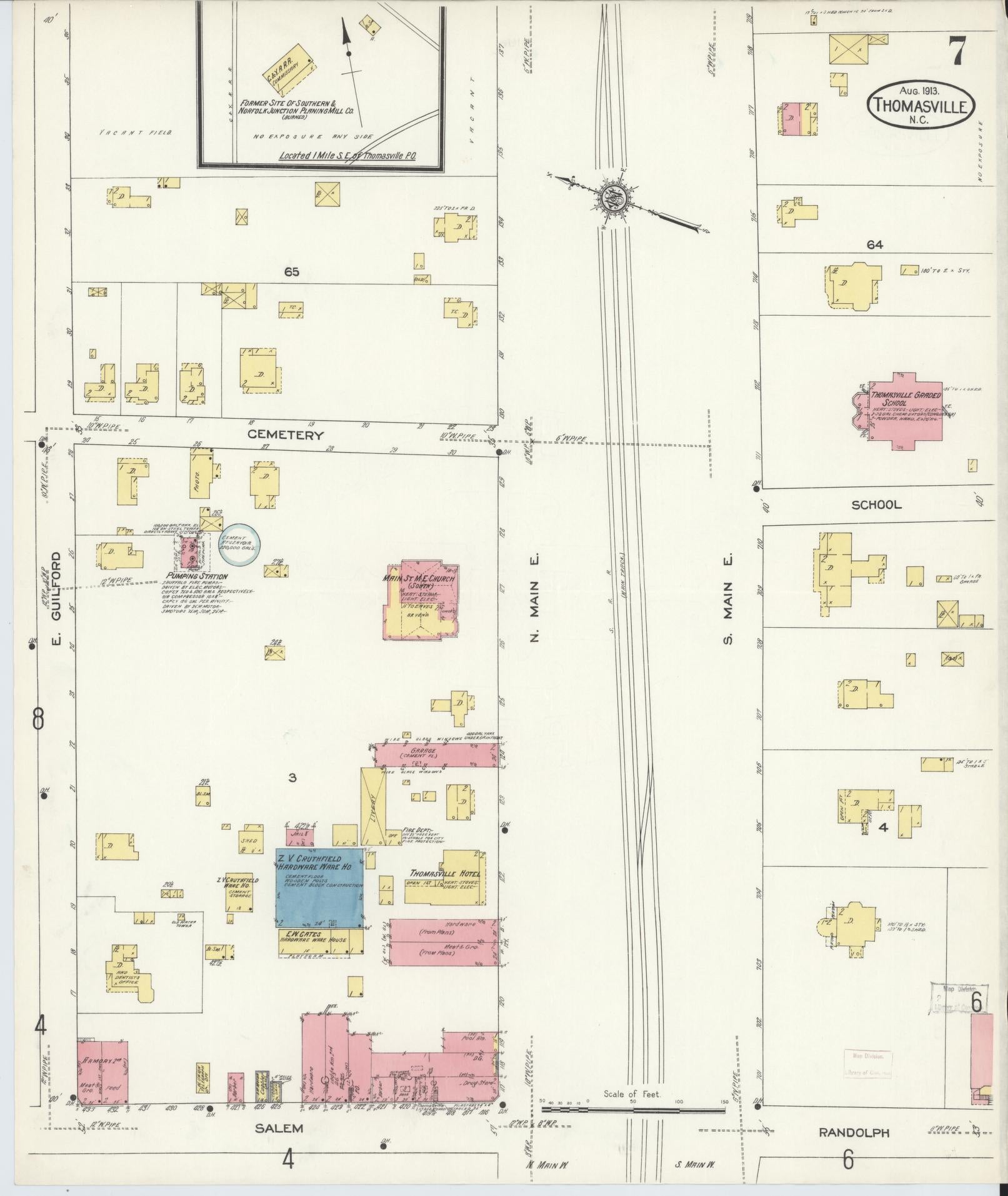 Sanborn Fire Insurance Map from Thomasville, Davidson County, North Carolina (1913), Sheet #0007 - Complete Map Set gallery image, historic Sanborn map, vintage wall art, North Carolina North Carolina