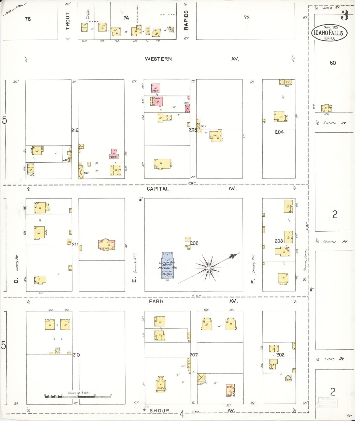 Sanborn Fire Insurance Map from Idaho Falls, Bonneville County, Idaho (1905), Sheet #0003 - Complete Map Set gallery image, historic Sanborn map, vintage wall art, Idaho Idaho