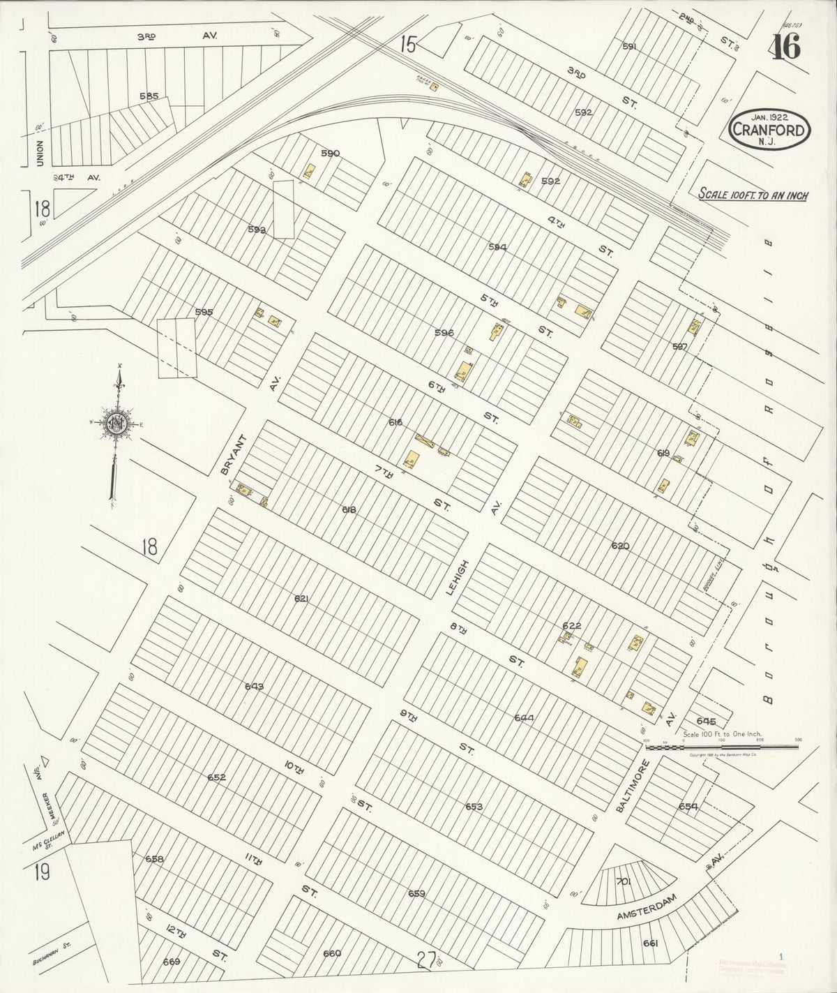 Sanborn Fire Insurance Map from Cranford, Union County, New Jersey (1922), Sheet #0016 - Historic Sanborn Fire Insurance Map Print, vintage old map wall art, antique decor, genealogy gift, New Jersey New Jersey map