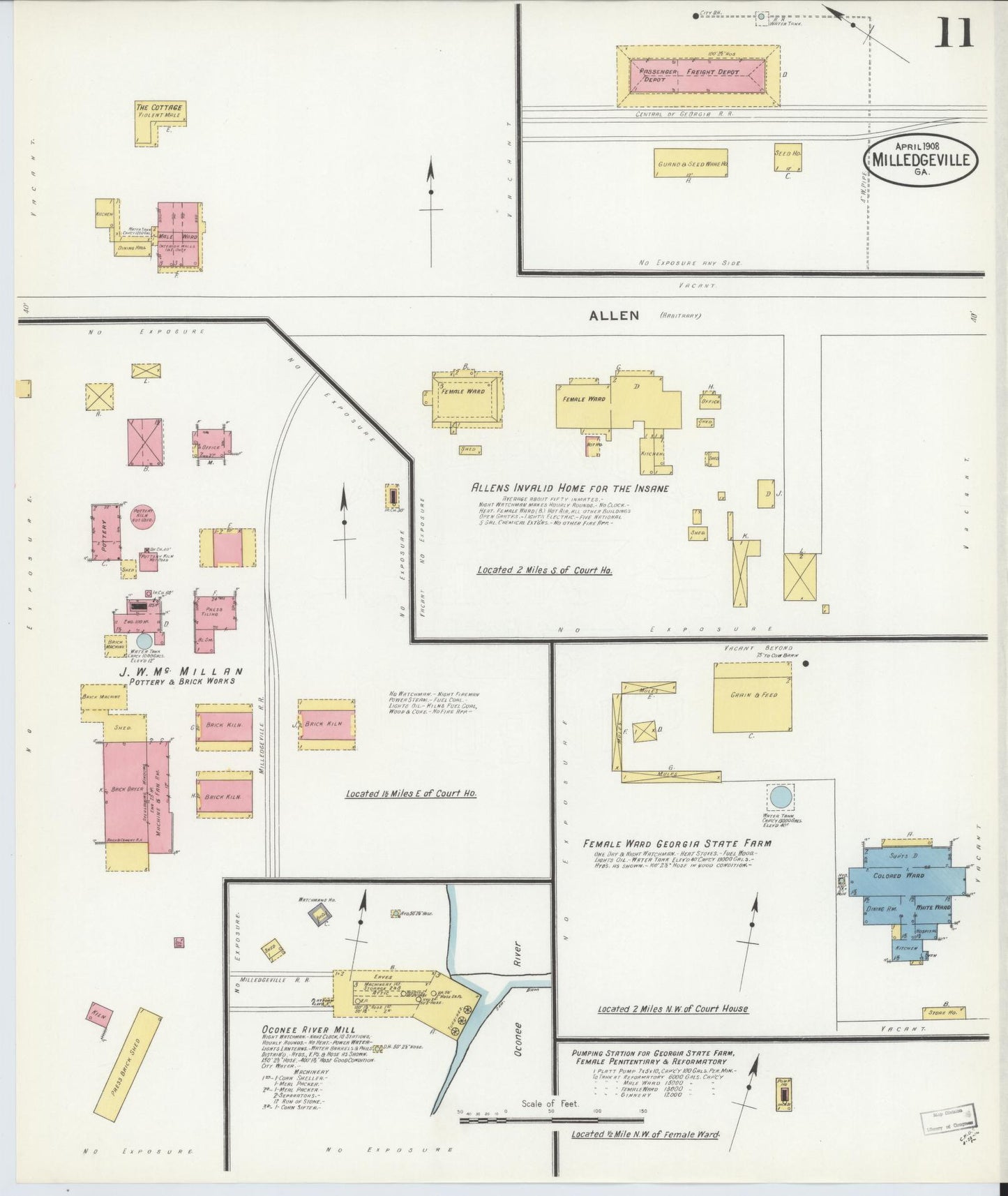 Sanborn Fire Insurance Map from Milledgeville, Baldwin County, Georgia (1908), Sheet #0011 - Historic Sanborn Fire Insurance Map Print, vintage old map wall art, antique decor, genealogy gift, Georgia Georgia map