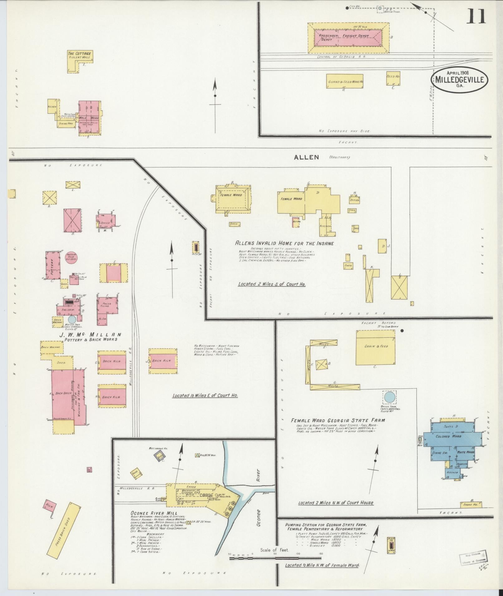 Sanborn Fire Insurance Map from Milledgeville, Baldwin County, Georgia (1908), Sheet #0011 - Historic Sanborn Fire Insurance Map Print, vintage old map wall art, antique decor, genealogy gift, Georgia Georgia map