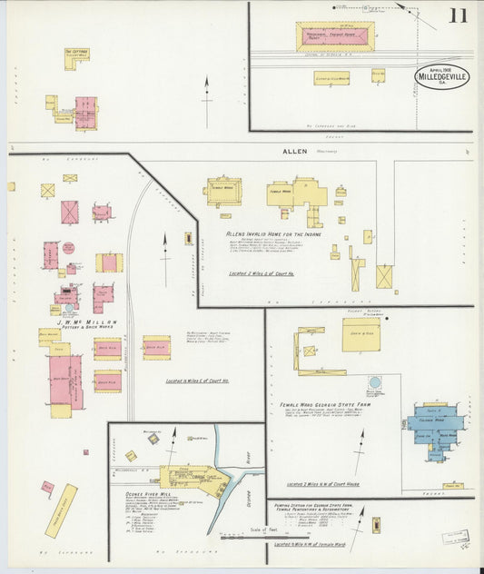 Sanborn Fire Insurance Map from Milledgeville, Baldwin County, Georgia (1908), Sheet #0011 - Historic Sanborn Fire Insurance Map Print, vintage old map wall art, antique decor, genealogy gift, Georgia Georgia map