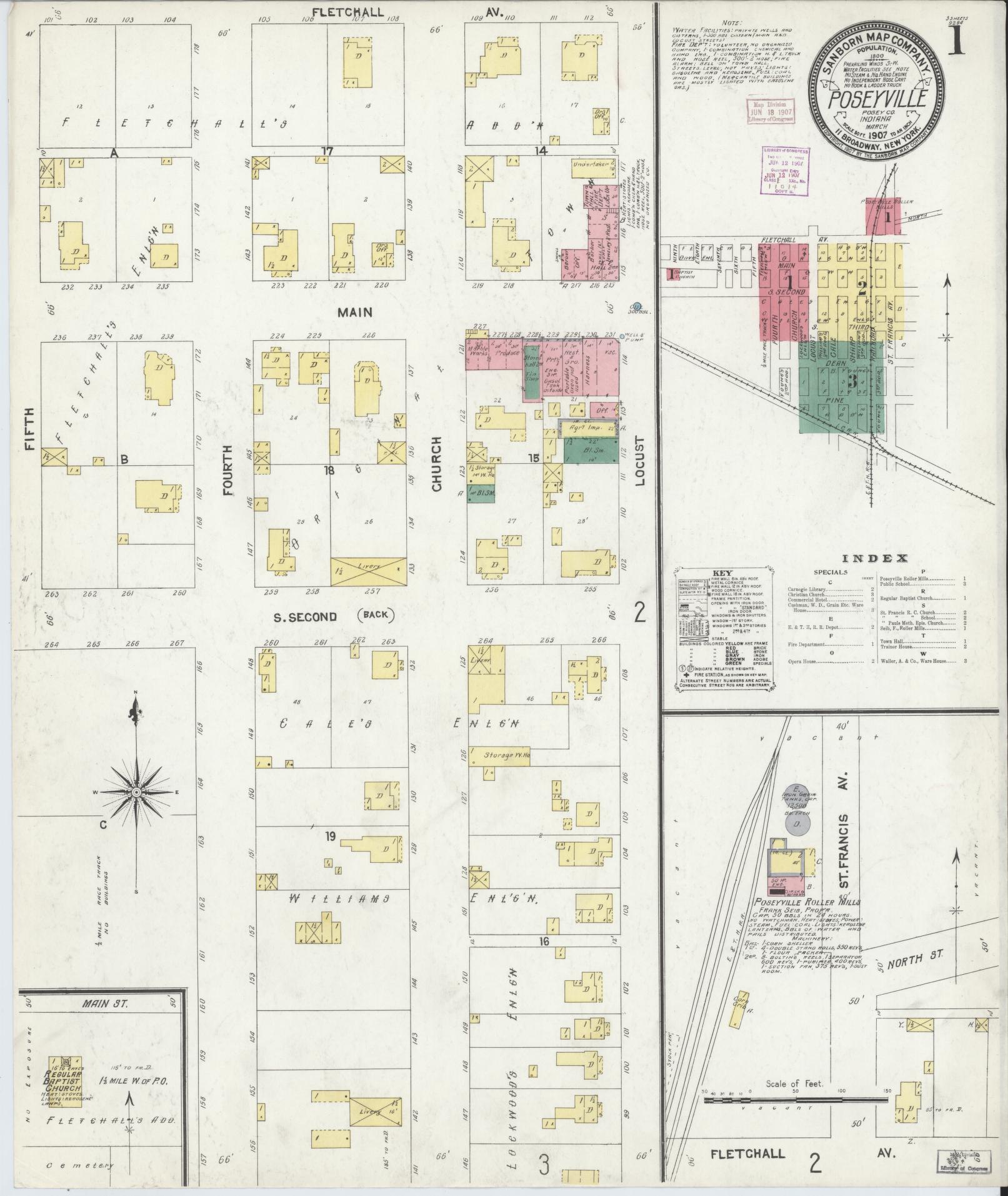 Sanborn Fire Insurance Map from Poseyville, Posey County, Indiana (1907), Sheet #0001 - Complete Map Set gallery image, historic Sanborn map, vintage wall art, Indiana Indiana