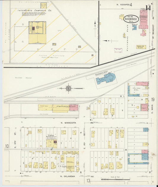 Sanborn Fire Insurance Map from Shawnee, Pottawatomie County, Oklahoma (1912), Sheet #0014 - Historic Sanborn Fire Insurance Map Print, vintage old map wall art, antique decor, genealogy gift, Oklahoma Oklahoma map
