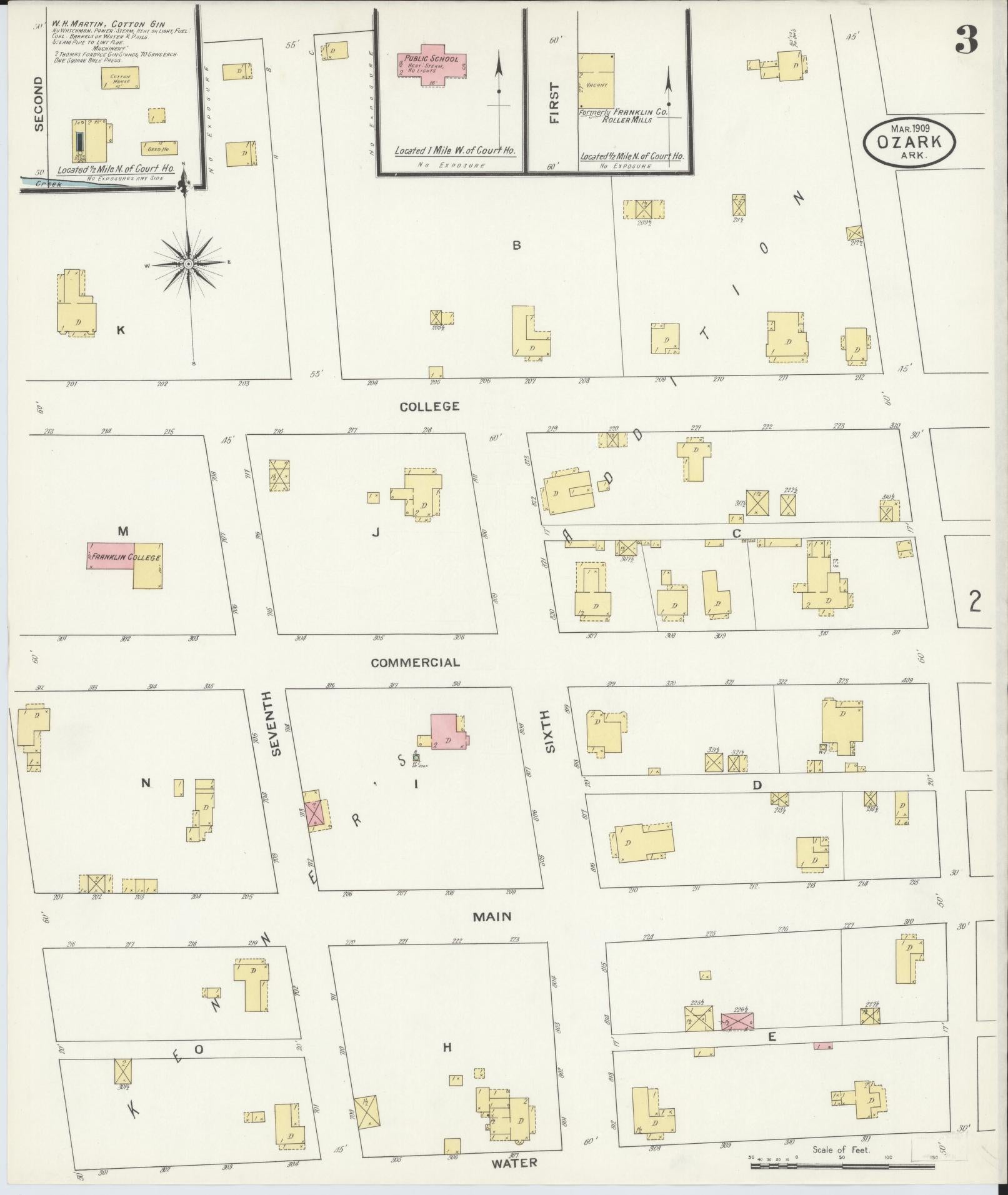 Sanborn Fire Insurance Map from Ozark, Franklin County, Arkansas (1909), Sheet #0003 - Complete Map Set gallery image, historic Sanborn map, vintage wall art, Arkansas Arkansas