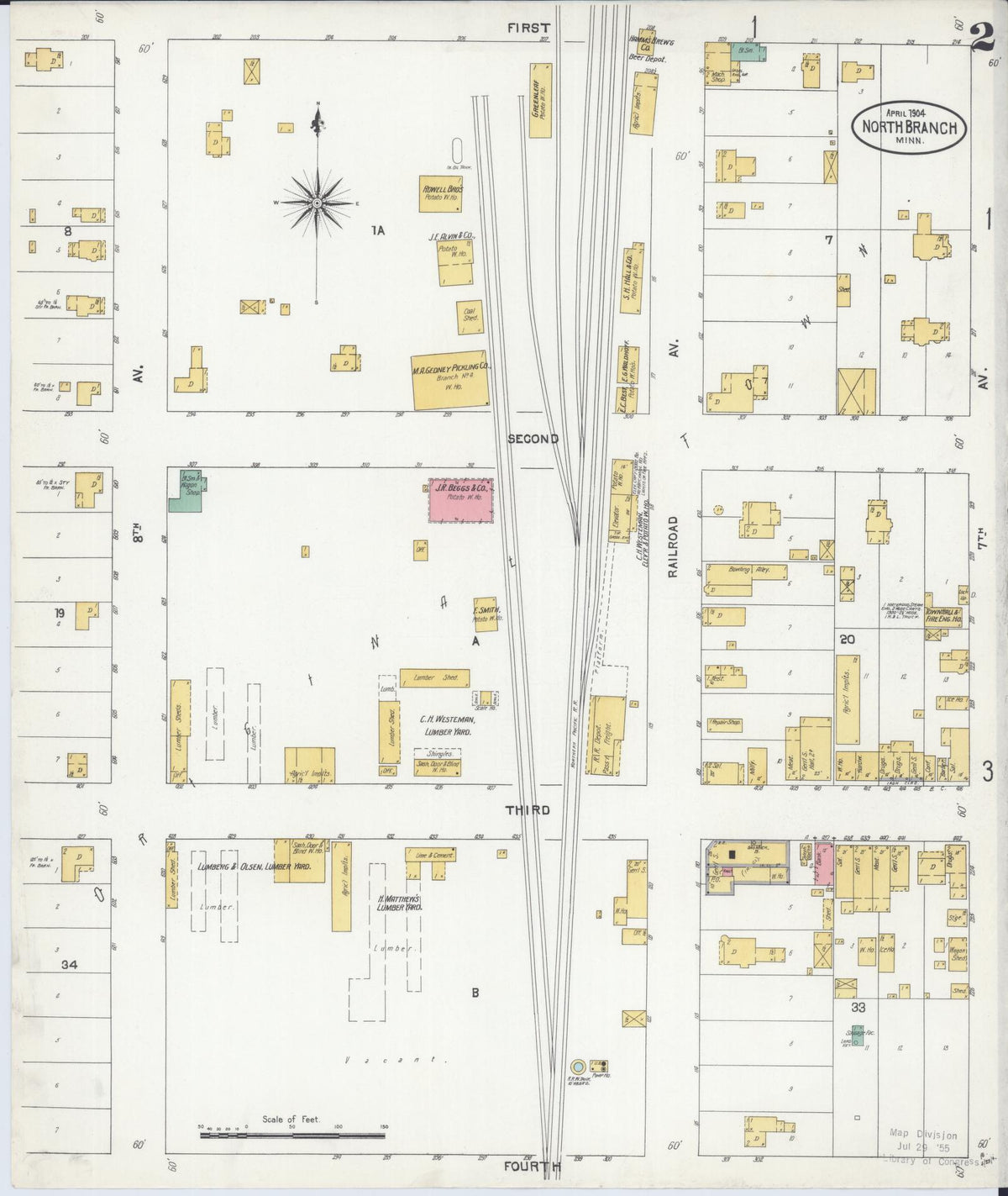 Sanborn Fire Insurance Map from North Branch, Chisago County, Minnesota (1904), Sheet #0002 - Historic Sanborn Fire Insurance Map Print, vintage old map wall art, antique decor, genealogy gift, Minnesota Minnesota map