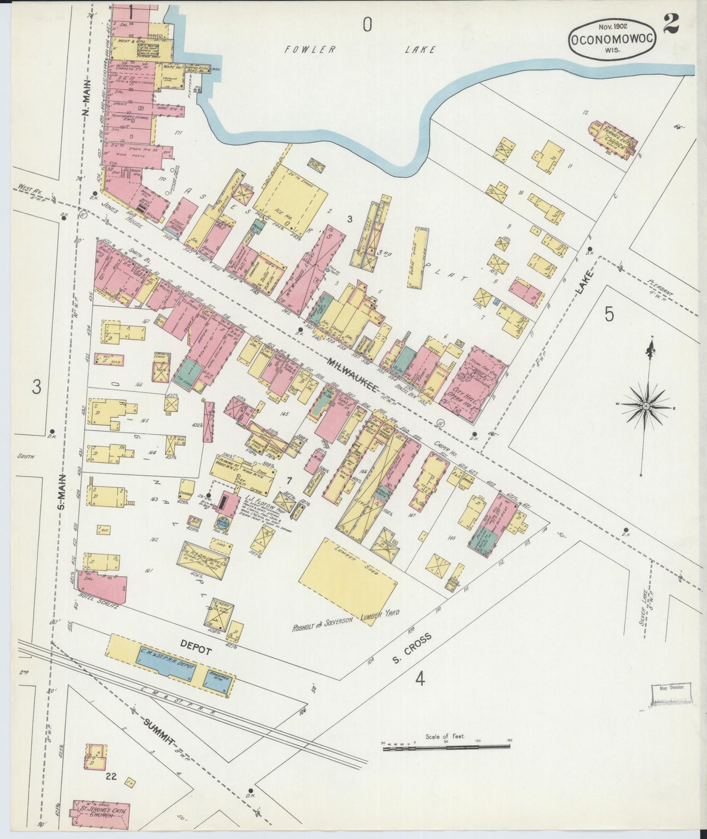 Sanborn Fire Insurance Map from Oconomowoc, Waukesha County, Wisconsin (1902), Sheet #0002 - Historic Sanborn Fire Insurance Map Print, vintage old map wall art, antique decor, genealogy gift, Wisconsin Wisconsin map