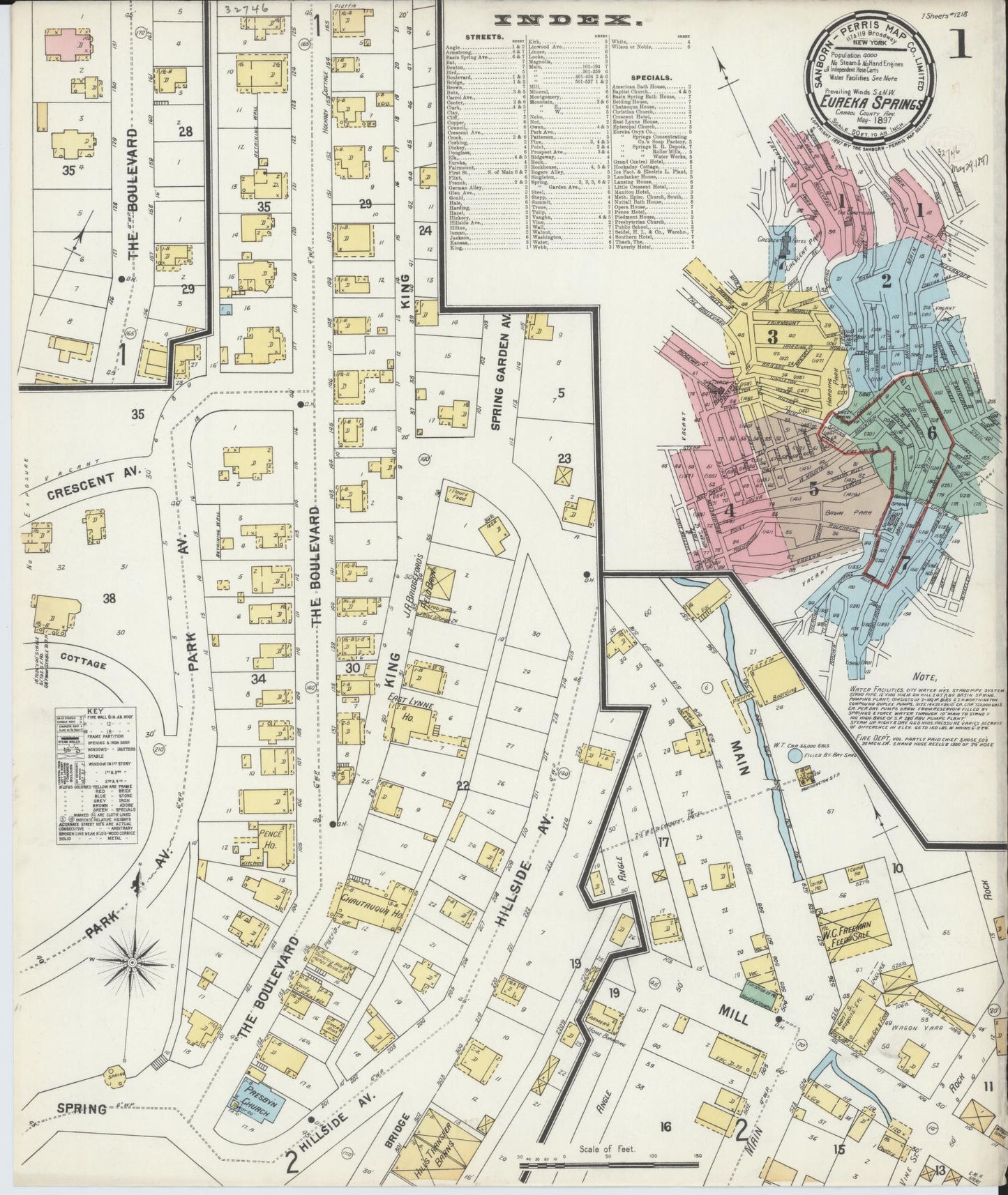 Sanborn Fire Insurance Map from Eureka Springs, Carroll County, Arkansas (1897), Sheet #0001 - Complete Map Set gallery image, historic Sanborn map, vintage wall art, Arkansas Arkansas