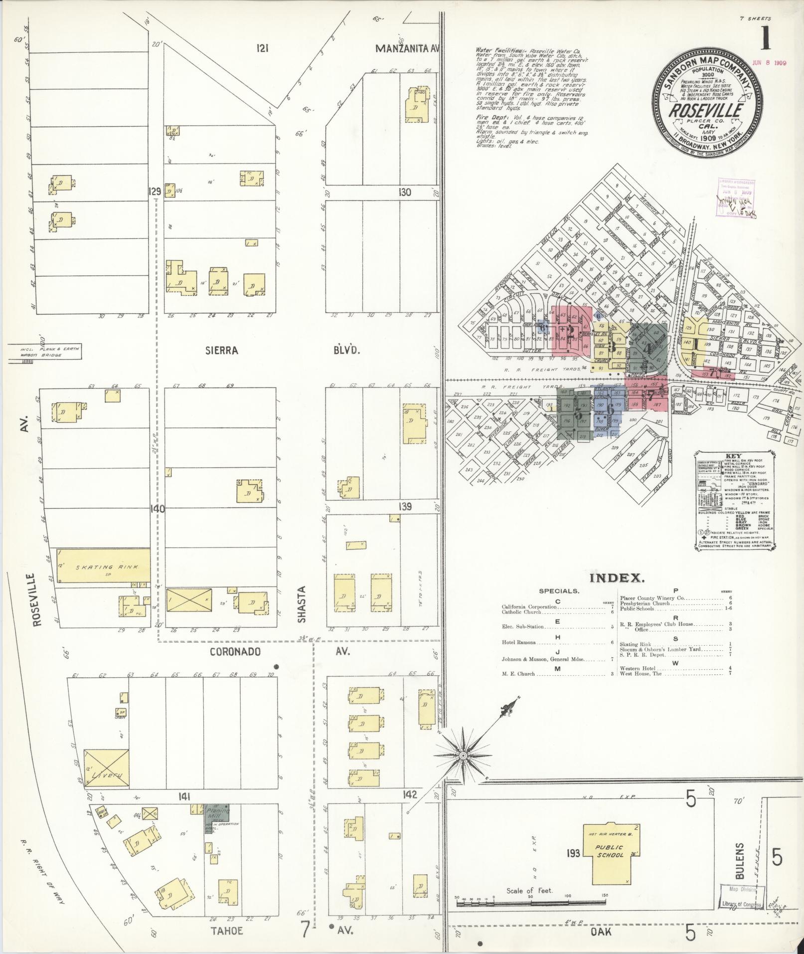 Sanborn Fire Insurance Map from Roseville, Placer County, California (1909), Sheet #0001 - Complete Map Set gallery image, historic Sanborn map, vintage wall art, California California