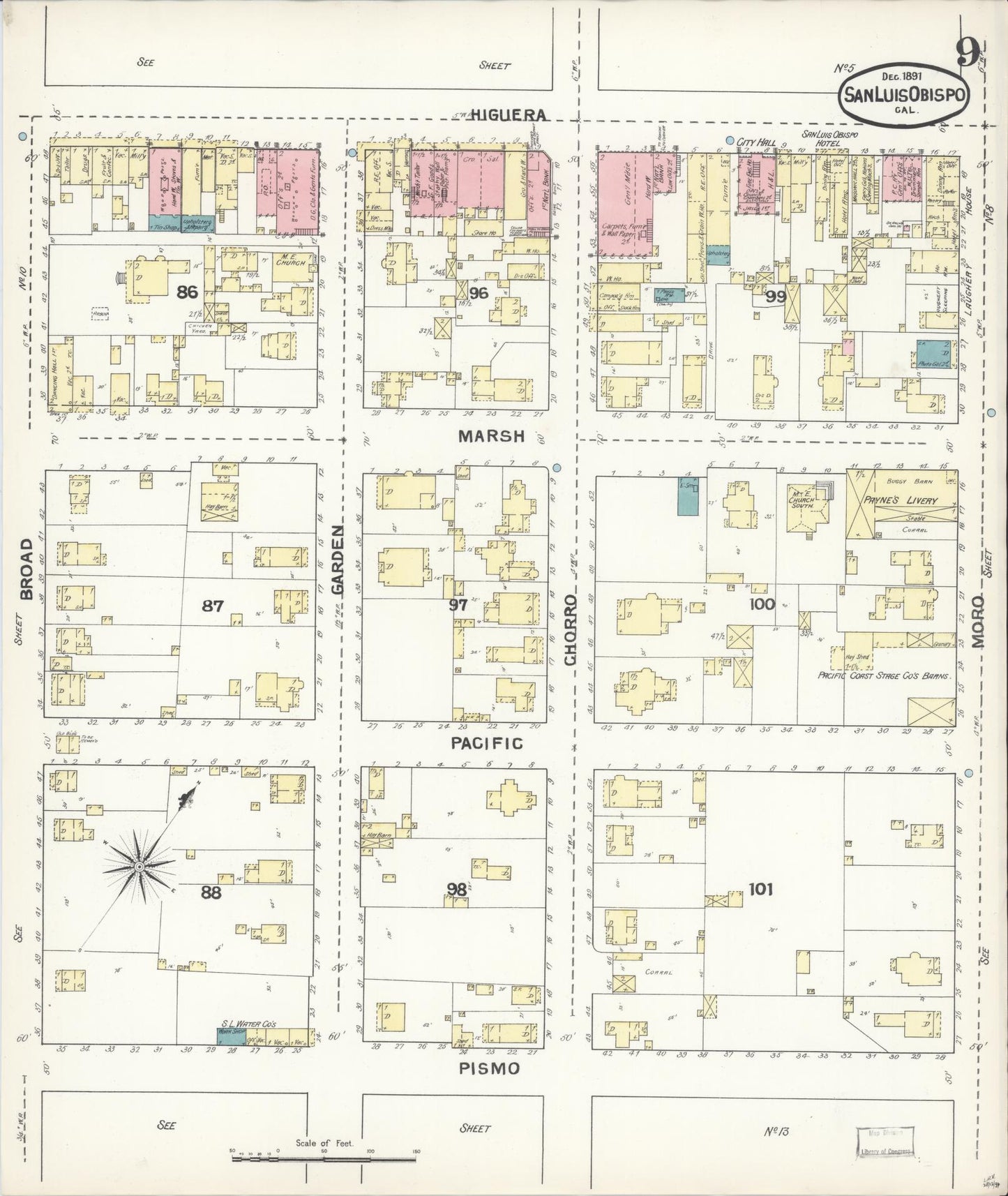 Sanborn Fire Insurance Map from San Luis Obispo, San Luis Obispo County, California (1891), Sheet #0009 - Complete Map Set gallery image, historic Sanborn map, vintage wall art, California California