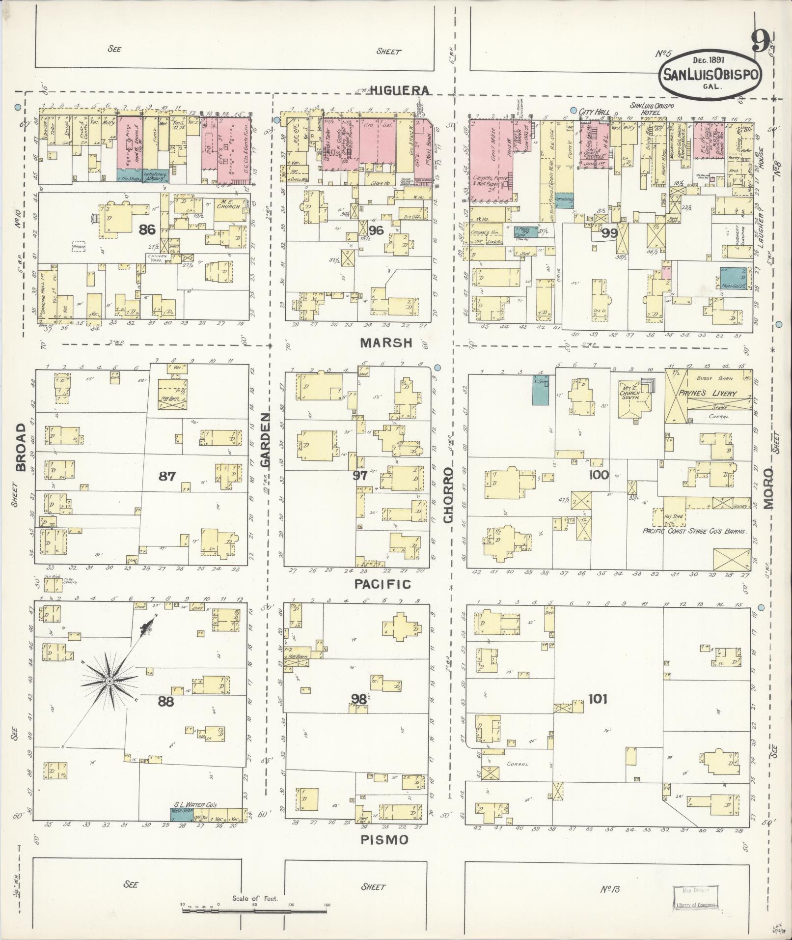 Sanborn Fire Insurance Map from San Luis Obispo, San Luis Obispo County, California (1891), Sheet #0009 - Complete Map Set gallery image, historic Sanborn map, vintage wall art, California California