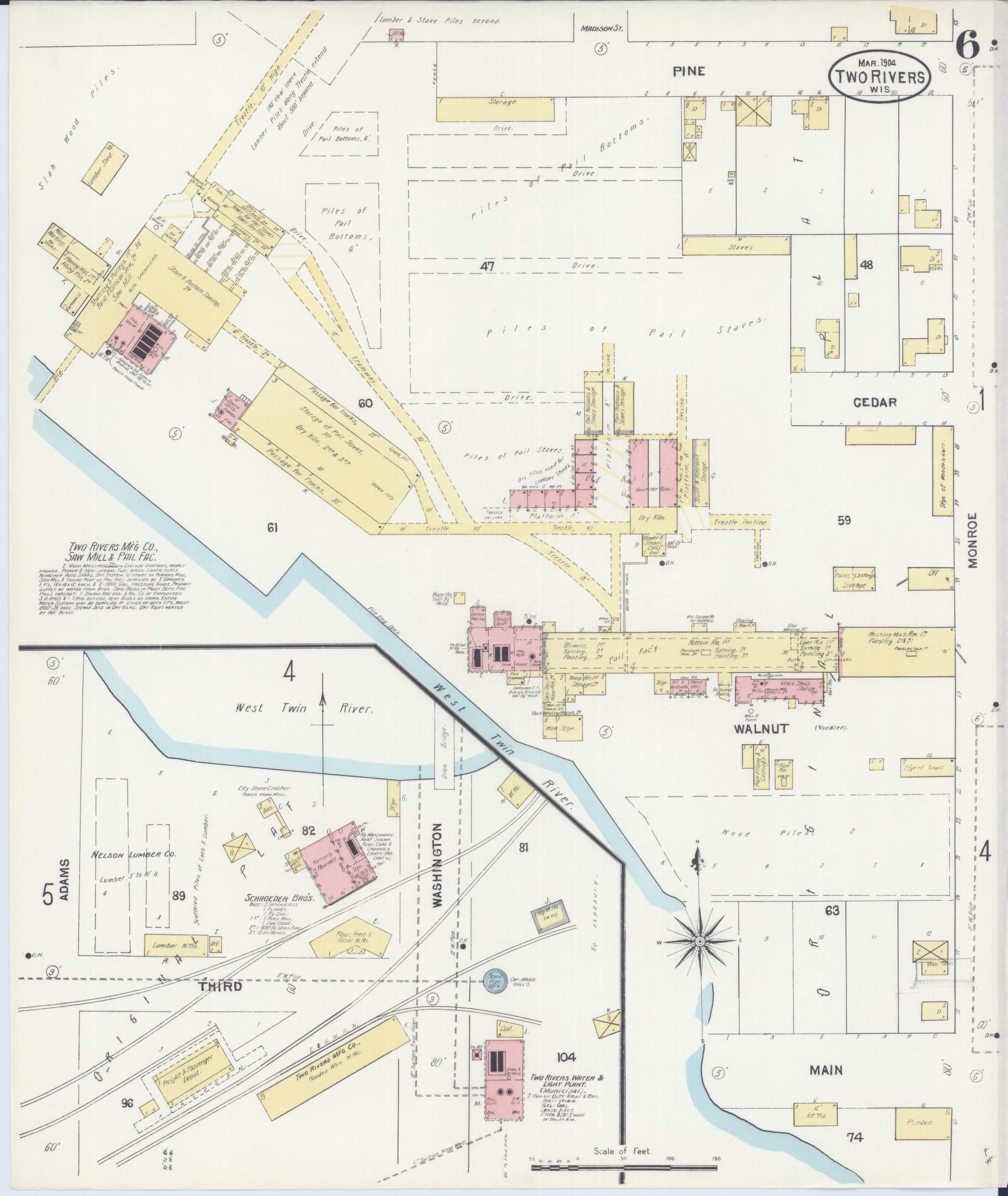 Sanborn Fire Insurance Map from Two Rivers, Manitowoc County, Wisconsin (1904), Sheet #0006 - Historic Sanborn Fire Insurance Map Print, vintage old map wall art, antique decor, genealogy gift, Wisconsin Wisconsin map