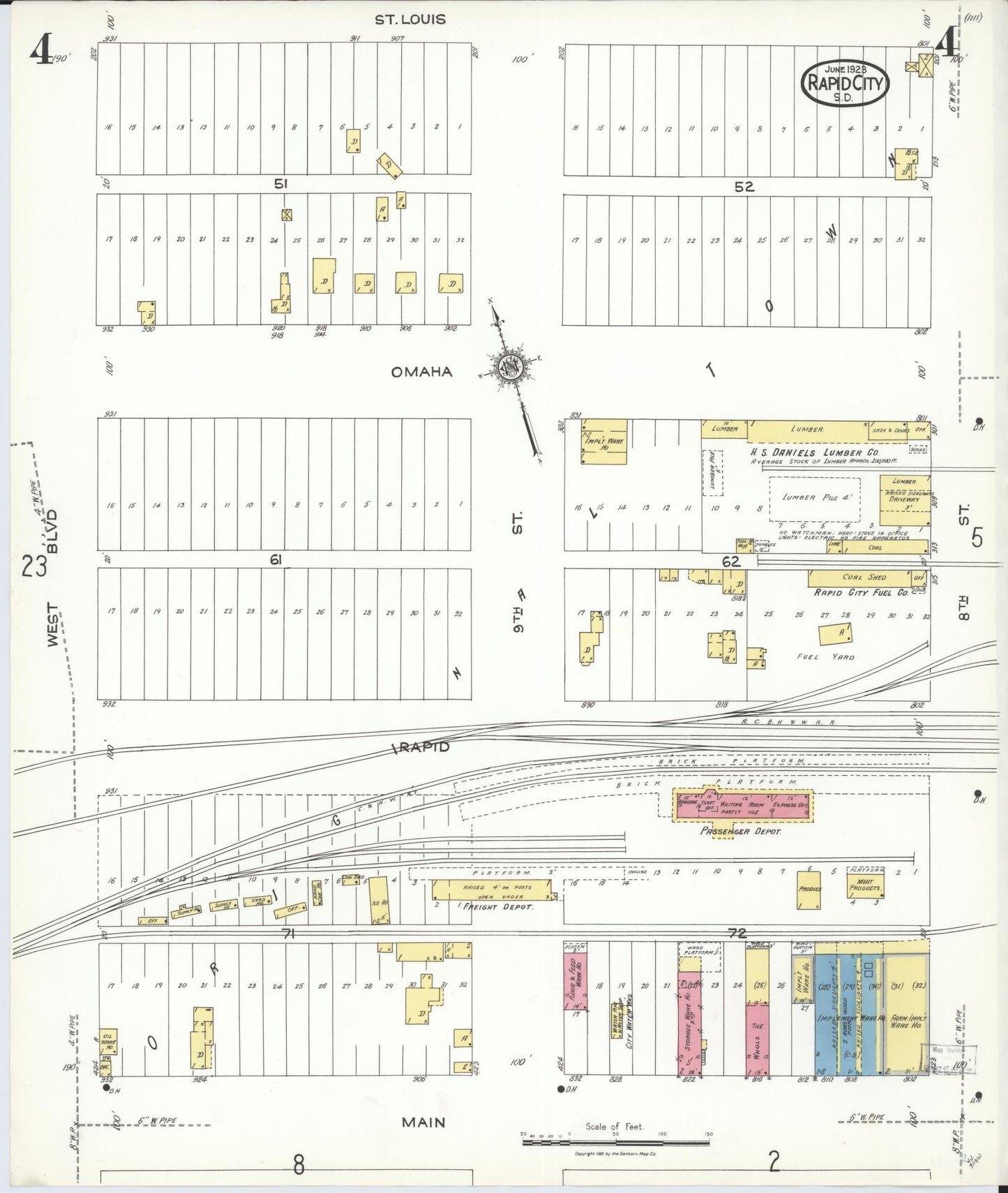 Sanborn Fire Insurance Map from Rapid City, Pennington County, South Dakota (1923), Sheet #0004 - Historic Sanborn Fire Insurance Map Print, vintage old map wall art, antique decor, genealogy gift, South Dakota South Dakota map