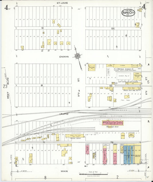 Sanborn Fire Insurance Map from Rapid City, Pennington County, South Dakota (1923), Sheet #0004 - Historic Sanborn Fire Insurance Map Print, vintage old map wall art, antique decor, genealogy gift, South Dakota South Dakota map