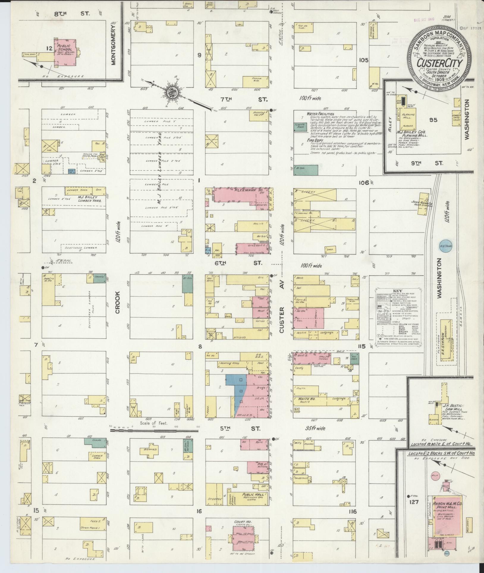 Sanborn Fire Insurance Map from Custer, Custer County, South Dakota (1909), Sheet #0001 - Historic Sanborn Fire Insurance Map Print, vintage old map wall art, antique decor, genealogy gift, South Dakota South Dakota map