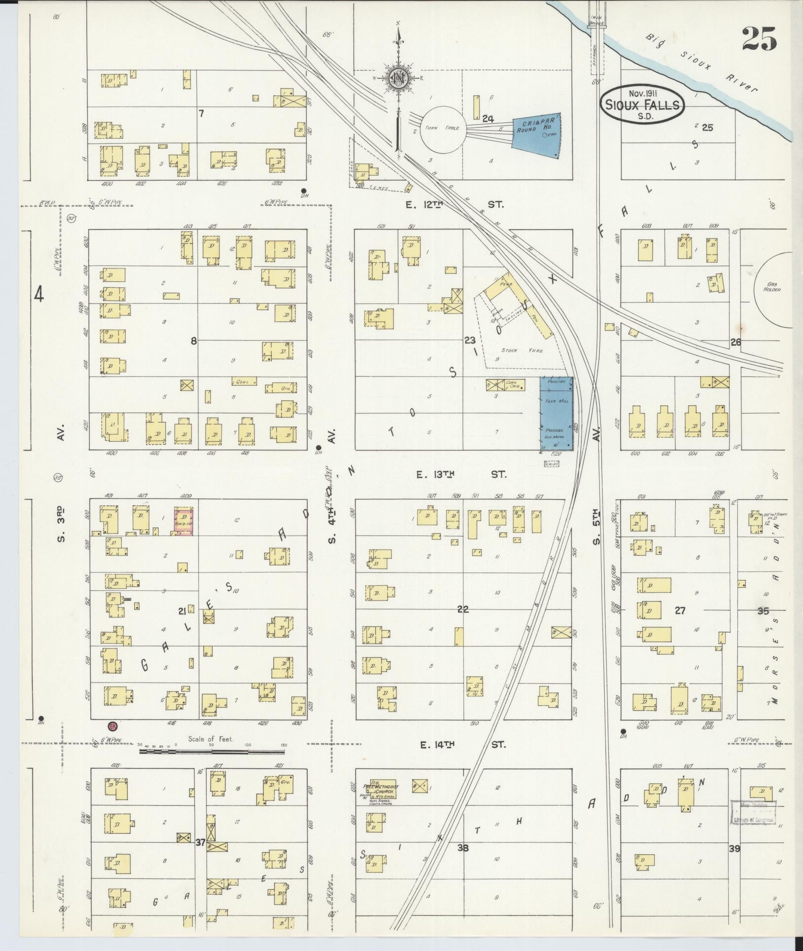 Sanborn Fire Insurance Map from Sioux Falls, Minnehaha County, South Dakota (1911), Sheet #0025 - Complete Map Set gallery image, historic Sanborn map, vintage wall art, South Dakota South Dakota