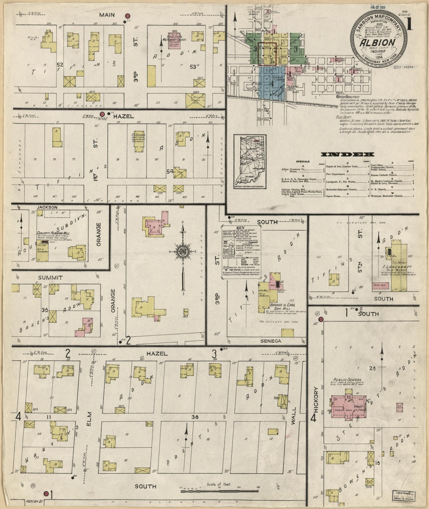 Sanborn Fire Insurance Map from Albion, Noble County, Indiana (1914), Sheet #0001 - Historic Sanborn Fire Insurance Map Print, vintage old map wall art, antique decor, genealogy gift, Indiana Indiana map