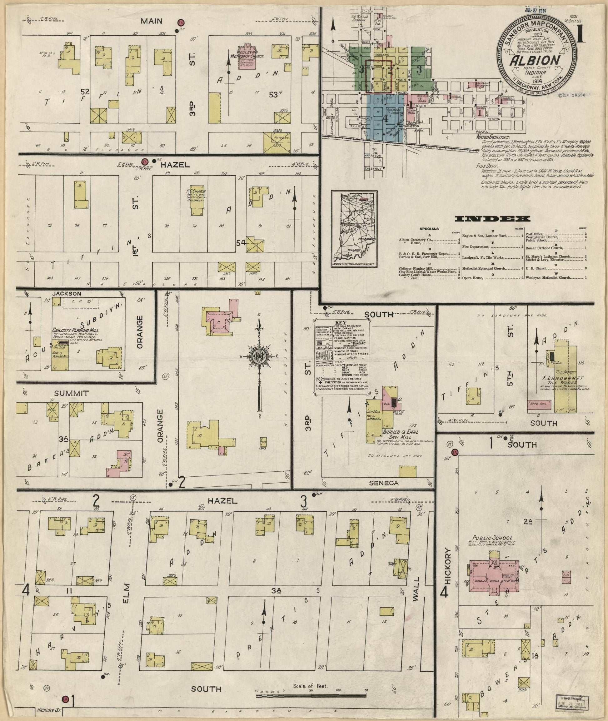 Sanborn Fire Insurance Map from Albion, Noble County, Indiana (1914), Sheet #0001 - Historic Sanborn Fire Insurance Map Print, vintage old map wall art, antique decor, genealogy gift, Indiana Indiana map