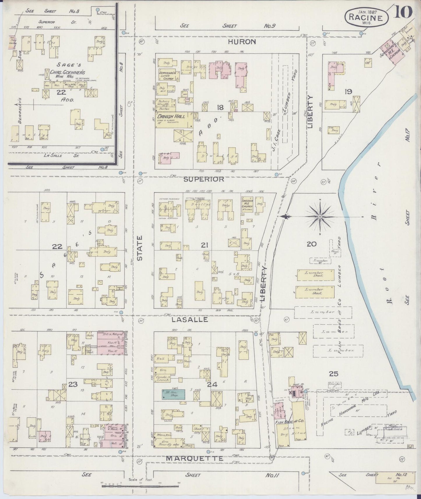 Sanborn Fire Insurance Map from Racine, Racine County, Wisconsin (1887), Sheet #0010 - Historic Sanborn Fire Insurance Map Print, vintage old map wall art, antique decor, genealogy gift, Wisconsin Wisconsin map