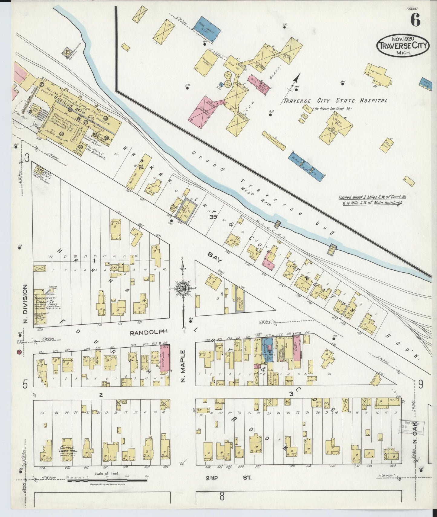 Sanborn Fire Insurance Map from Traverse City, Grand Traverse County, Michigan (1920), Sheet #0006 - Historic Sanborn Fire Insurance Map Print, vintage old map wall art, antique decor, genealogy gift, Michigan Michigan map