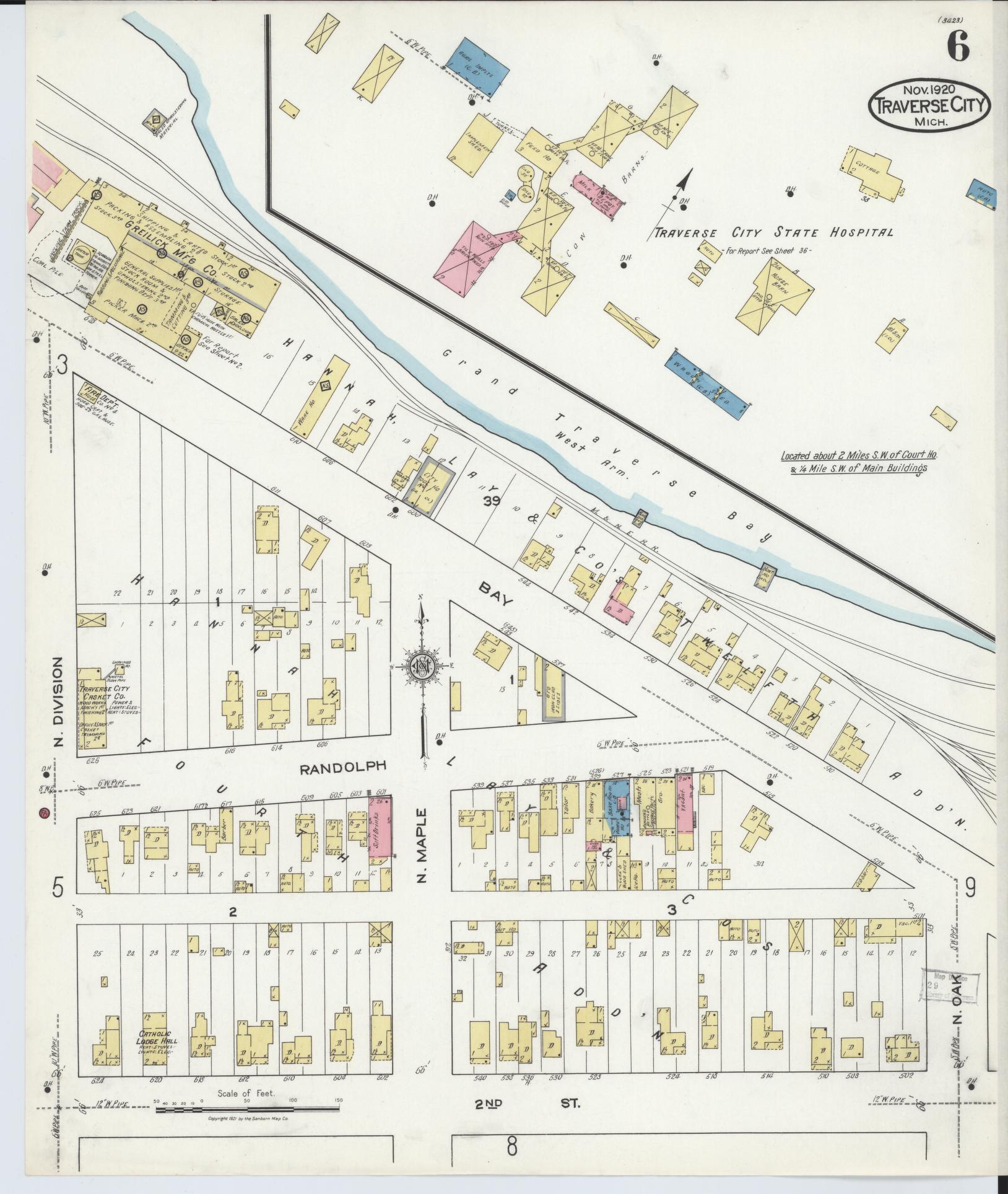 Sanborn Fire Insurance Map from Traverse City, Grand Traverse County, Michigan (1920), Sheet #0006 - Historic Sanborn Fire Insurance Map Print, vintage old map wall art, antique decor, genealogy gift, Michigan Michigan map