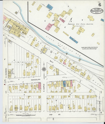 Sanborn Fire Insurance Map from Traverse City, Grand Traverse County, Michigan (1920), Sheet #0006 - Historic Sanborn Fire Insurance Map Print, vintage old map wall art, antique decor, genealogy gift, Michigan Michigan map