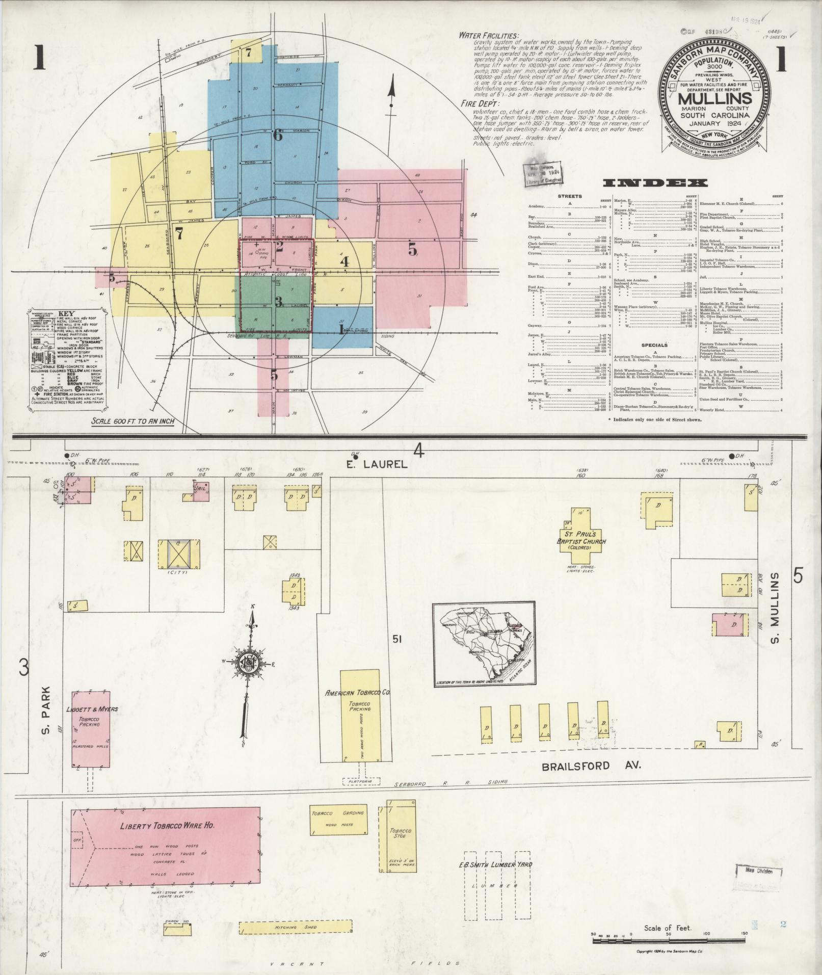Sanborn Fire Insurance Map from Mullins, Marion County, South Carolina (1924), Sheet #0001 - Historic Sanborn Fire Insurance Map Print, vintage old map wall art, antique decor, genealogy gift, South Carolina South Carolina map