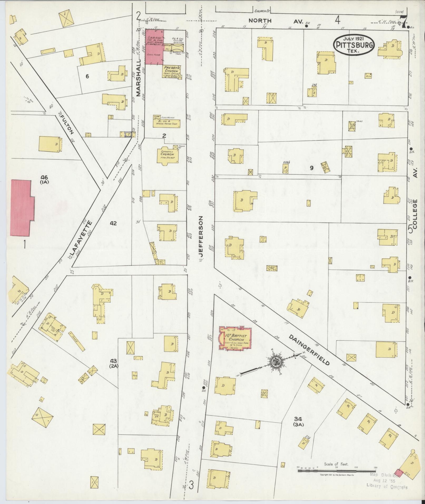 Sanborn Fire Insurance Map from Pittsburg, Camp County, Texas (1921), Sheet #0007 - Complete Map Set gallery image, historic Sanborn map, vintage wall art, Texas Texas