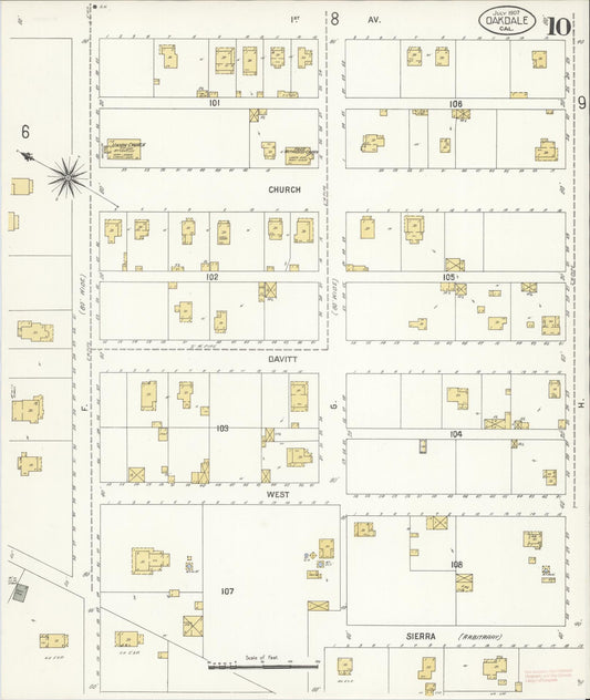 Sanborn Fire Insurance Map from Oakdale, Stanislaus County, California (1907), Sheet #0010 - Historic Sanborn Fire Insurance Map Print, vintage old map wall art, antique decor, genealogy gift, California California map