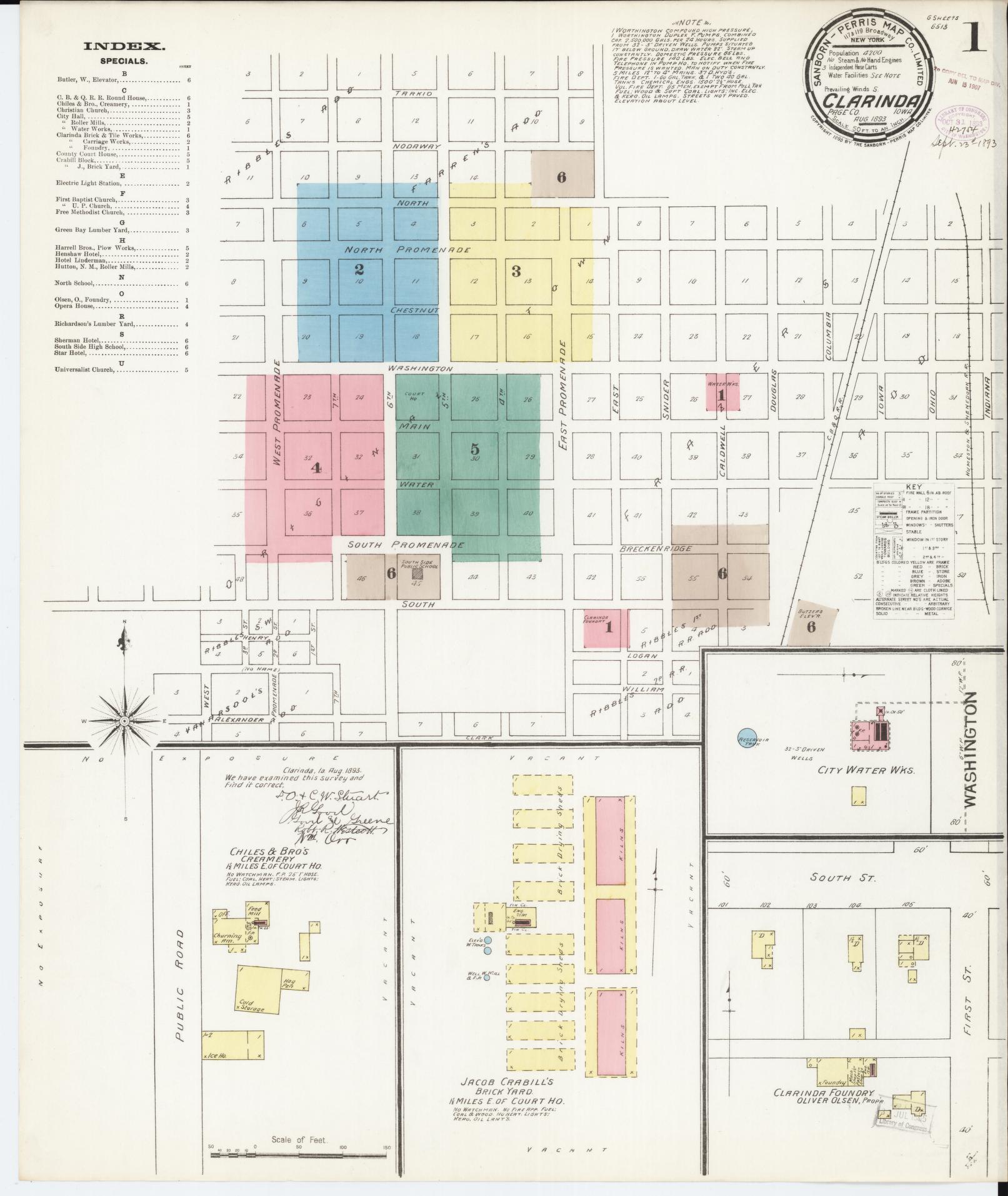 Sanborn Fire Insurance Map from Clarinda, Page County, Iowa (1893), Sheet #0001 - Historic Sanborn Fire Insurance Map Print, vintage old map wall art