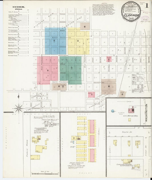 Sanborn Fire Insurance Map from Clarinda, Page County, Iowa (1893), Sheet #0001 - Historic Sanborn Fire Insurance Map Print, vintage old map wall art