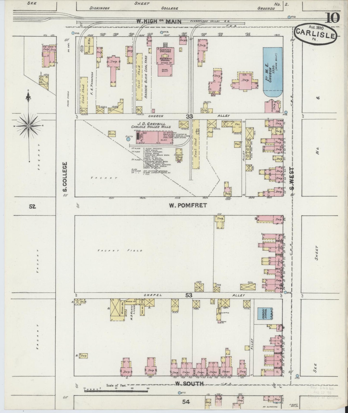 Sanborn Fire Insurance Map from Carlisle, Cumberland County, Pennsylvania (1890), Sheet #0010 - Historic Sanborn Fire Insurance Map Print, vintage old map wall art, antique decor, genealogy gift, Pennsylvania Pennsylvania map