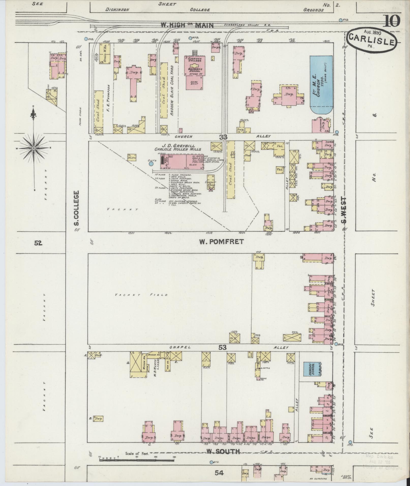 Sanborn Fire Insurance Map from Carlisle, Cumberland County, Pennsylvania (1890), Sheet #0010 - Historic Sanborn Fire Insurance Map Print, vintage old map wall art, antique decor, genealogy gift, Pennsylvania Pennsylvania map