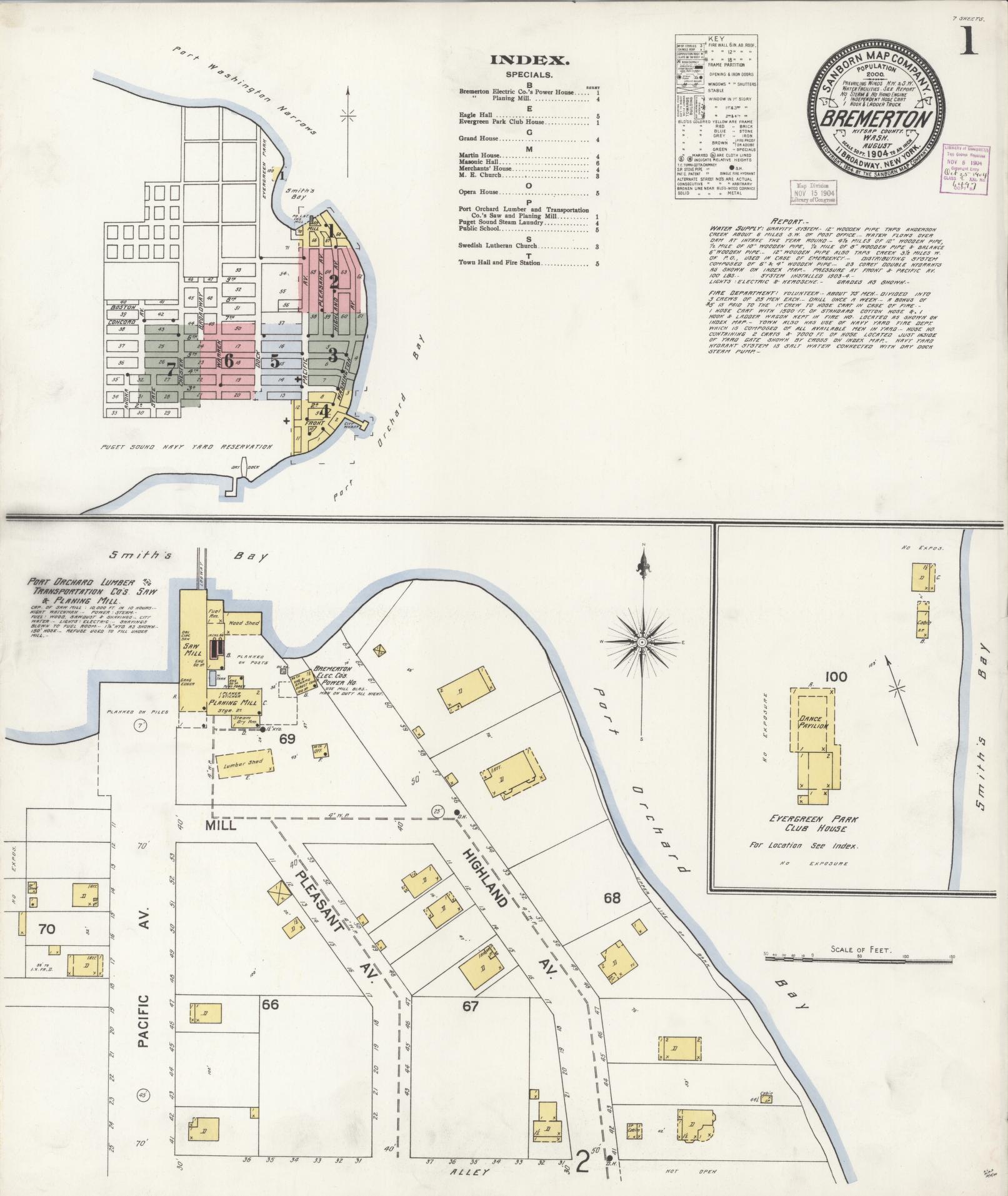 Sanborn Fire Insurance Map from Bremerton, Kitsap County, Washington (1904), Sheet #0001 - Complete Map Set gallery image, historic Sanborn map, vintage wall art, Washington Washington